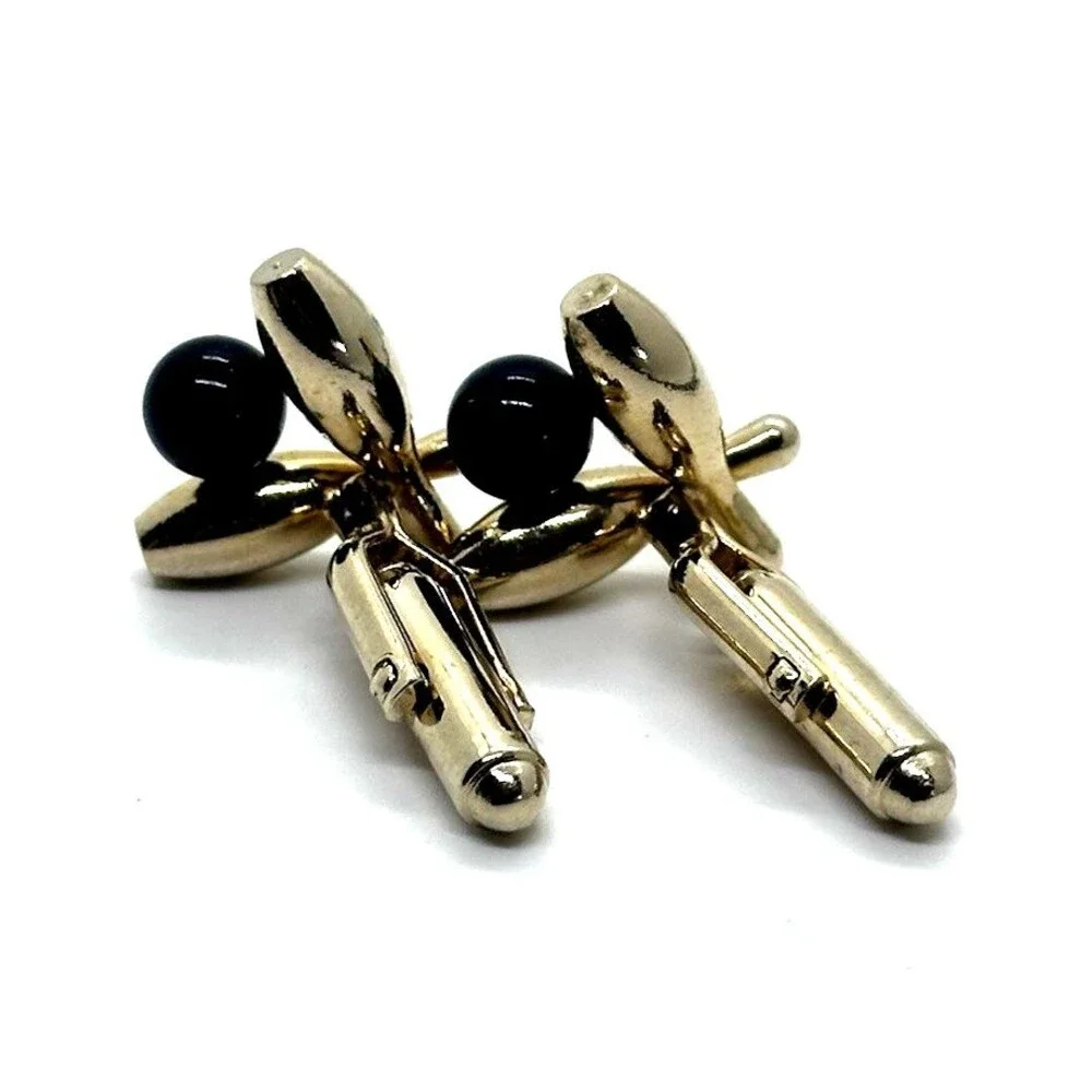 Vintage Bowling Cuff Links GOLD TONE Pins Black Ball 1960's Anson